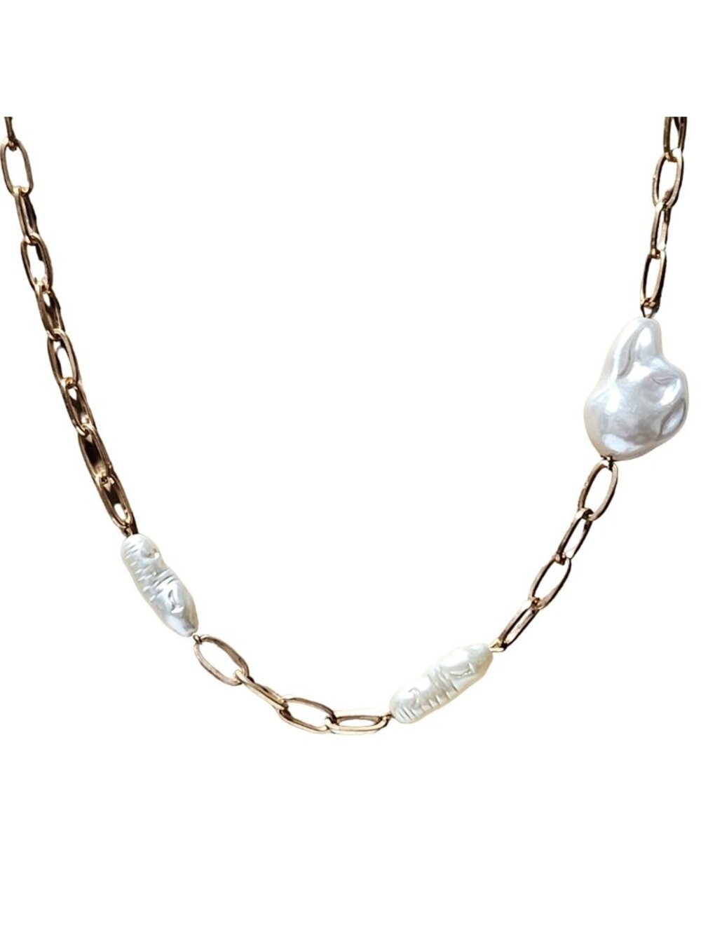 Elegant Baroque Faux Pearl Necklace Gold Tone Chain Artisan Fashion Jewelry